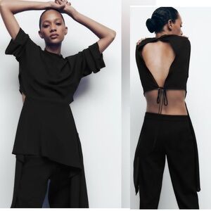 Zara Black Asymmetric Flowing Cut Out Open Back Blouse Top Tie Back NWOT